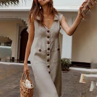 elegant solid button dress 2021 womens summer sundress casual sleeveless cardigan vestidos female cotton and linen dresses