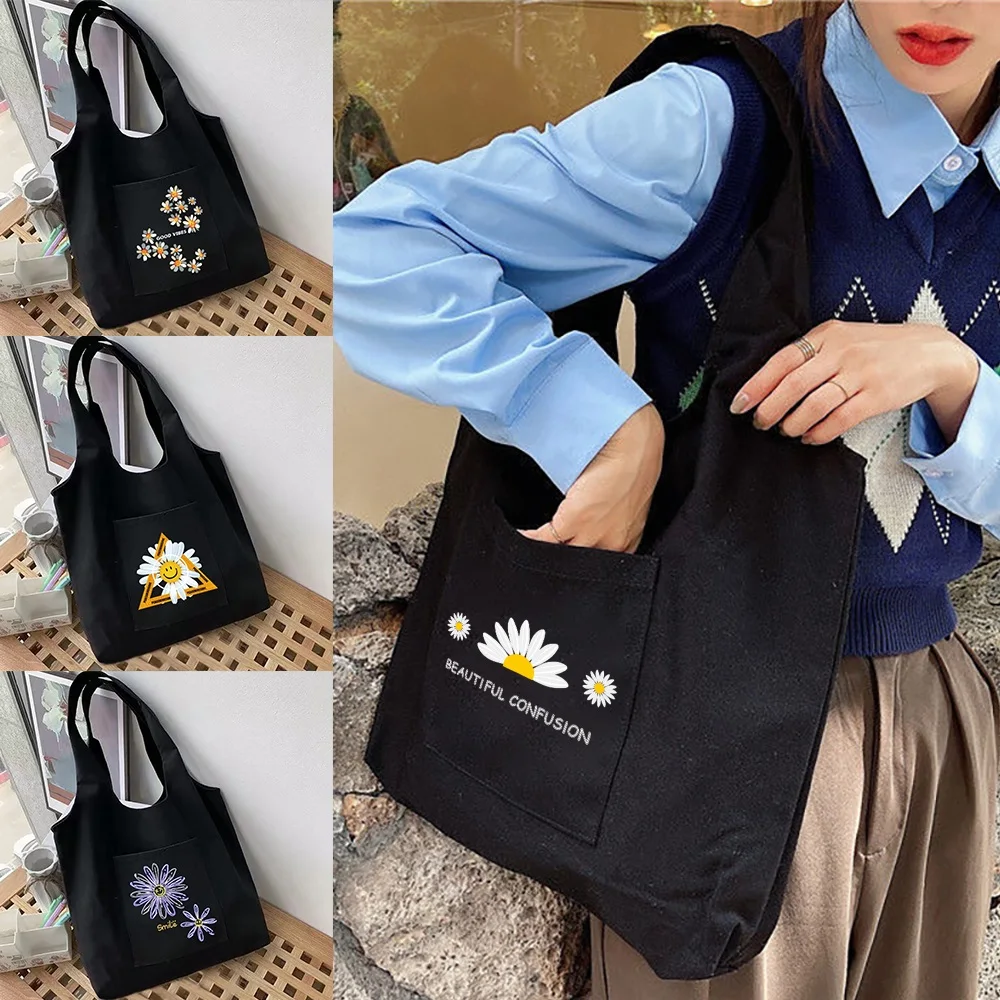 

Women‘s Shopping Bags Canvas Commuter Vest Bag Cotton Cloth Daisy Series Supermarket Grocery Handbags Tote School Bag