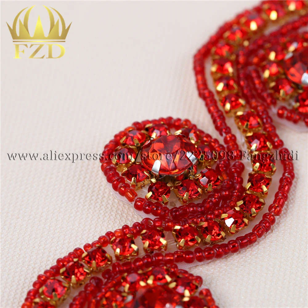 FZD (10yards) Wholesale Sewing On Hot Fix Red Beaded Rhinestone Applique and Trimming Bridal Dresses or Sash Belt for Clothing | Дом и сад