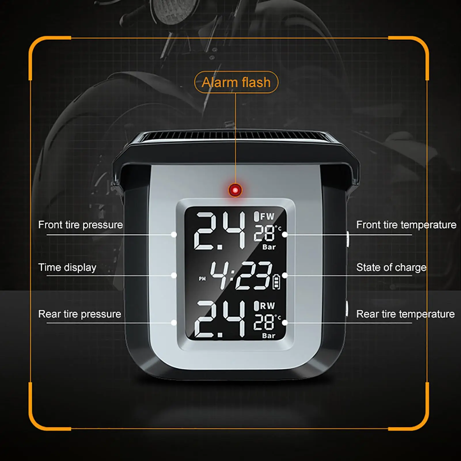 

Motorcycle TPMS Motor Tire Pressure Tyre Temperature Monitoring Alarm System with 2 External Sensors USB Solar Charging motos