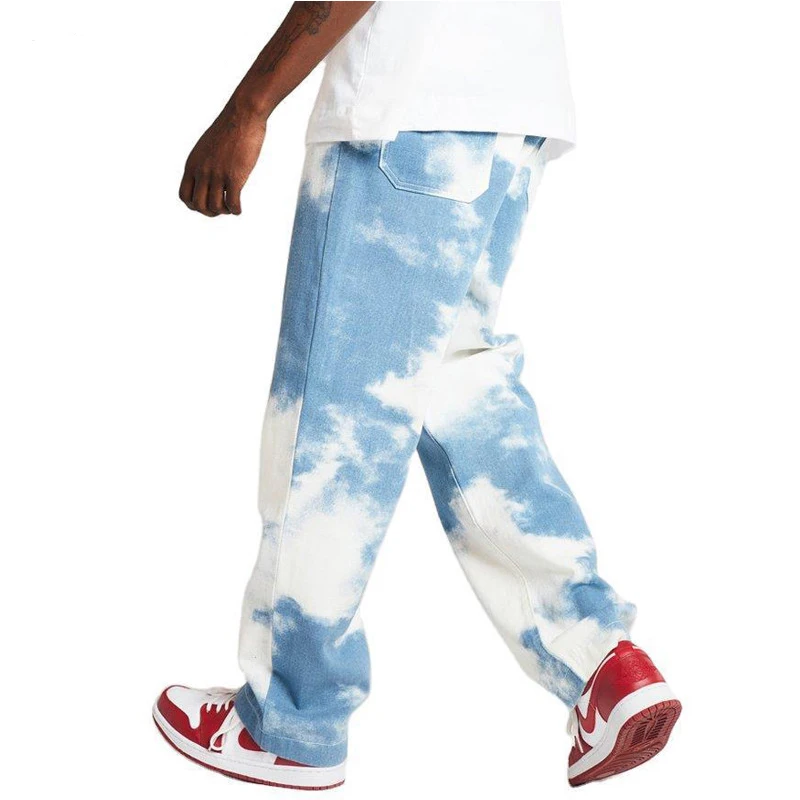 

Men Casual Loose Straight Denim Pants Tie Dye Print Sky Blue Long Trouser High Waist Inelasticity Straight Jeans Man