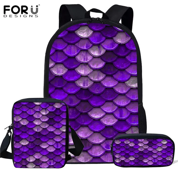 

FORUDESIGNS Purple Mermaid Pattern Girls 3 Pcs Set Schoolbag for Children Girls Casual Primary Orthopedic Satchels Mochila
