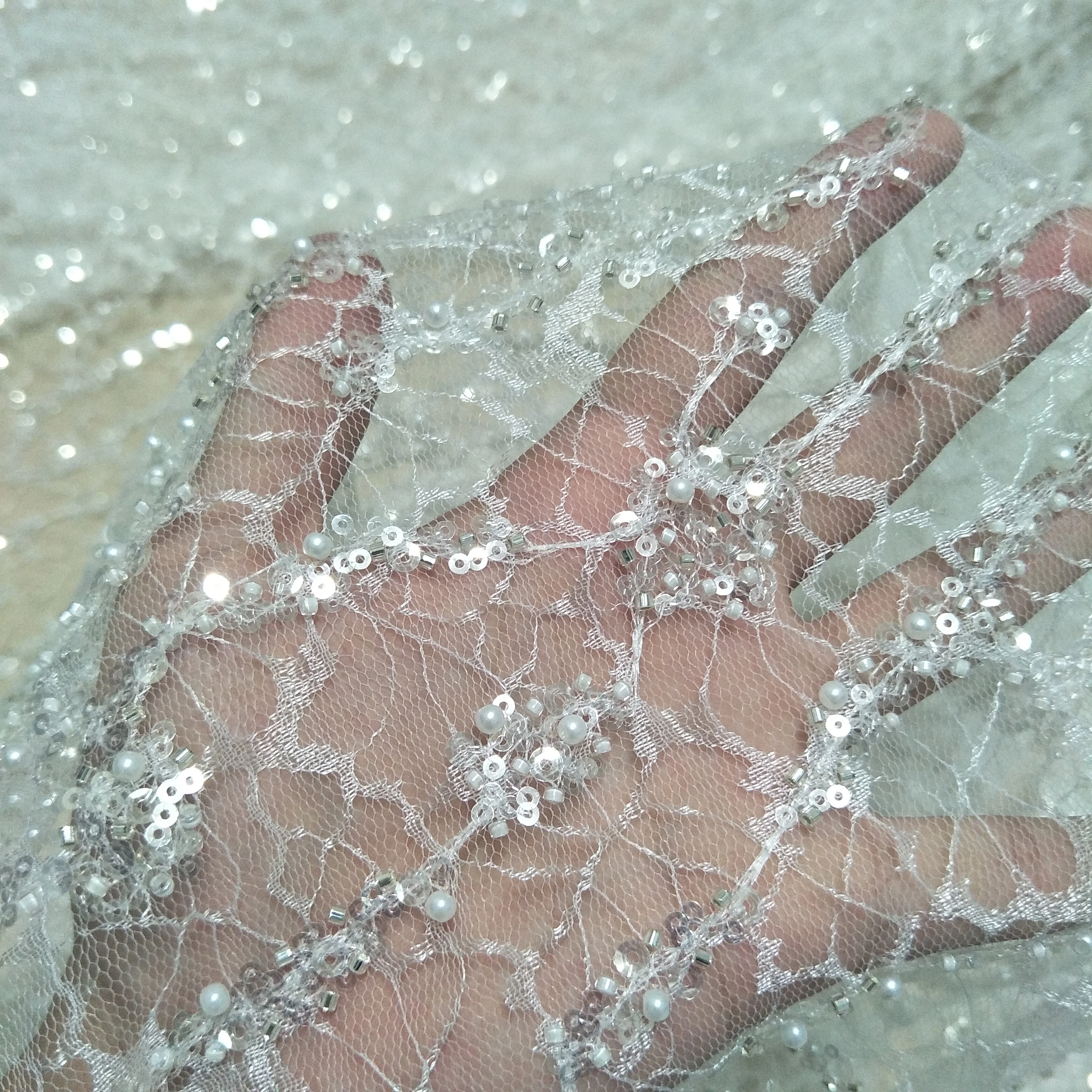 Блестящая кружевная ткань с жемчугом свадебное платье для невесты ширина 130 см -