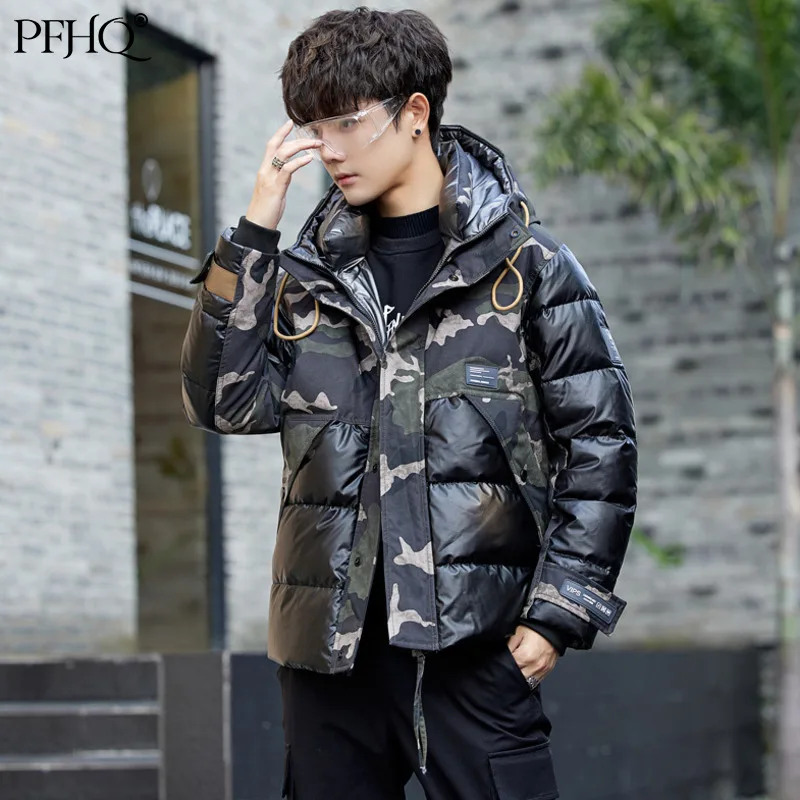 

PFHQ 2021 New Men's Fashion Loose Hooded Stitching Zipper Short Korean Style Trend Handsome Down Jacket Autumn Winter 21D1861