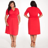 plus size casual straight dress red short sleeve deep v wrap female big vestidos de festa solid party dresses