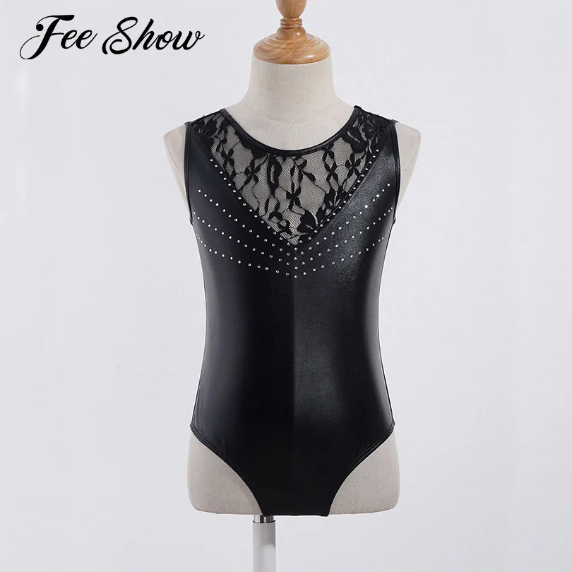 

Kids Ballet Dress for Girl Costume Faux Leather Mesh Sequins Adorned Ballet Leotard Modern Dance Gymnastics Leotards Bodysuit