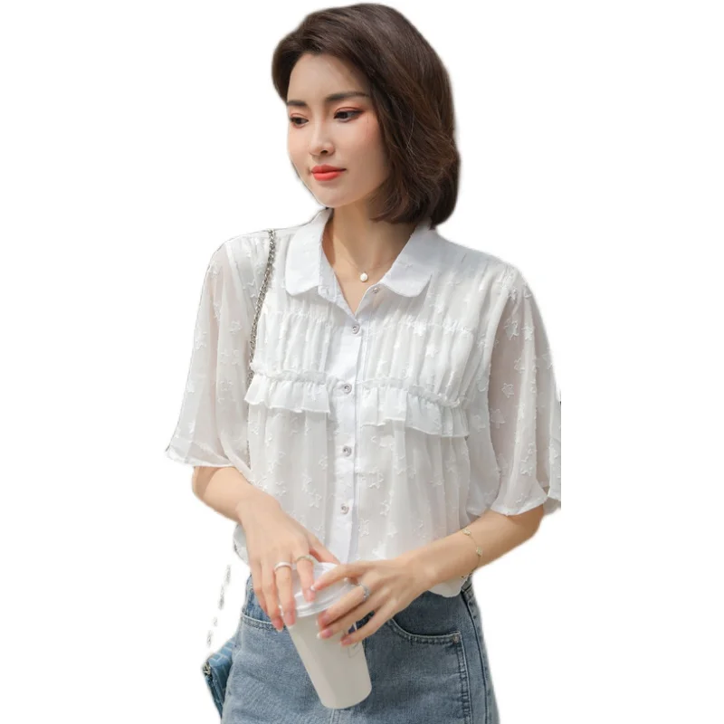 

2021 summer new lotus leaf sleeve chiffon shirt female sweet design sense niche loose short-sleeved white shirt