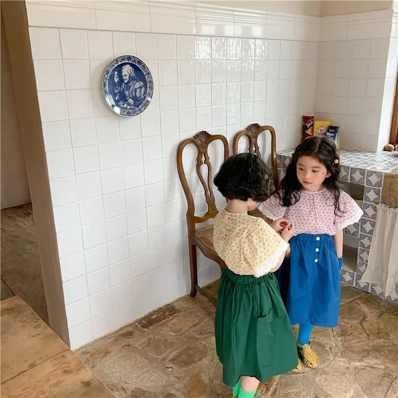 

2021 Summer Girls Children Solid Color with Buttons and Pockets Cotton Shirt Skirts Toddler Kids Casual Half Fashion Skirt