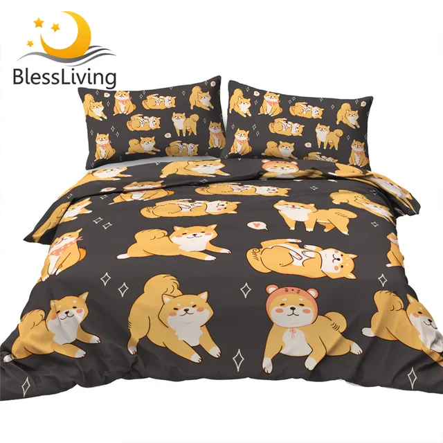 BlessLiving Shiba Inu Bedding Set Kawaii Dog Home Bed Set for Kids Animal Duvet Cover Cartoon Print Funny Bedclothes Queen 3pcs 1