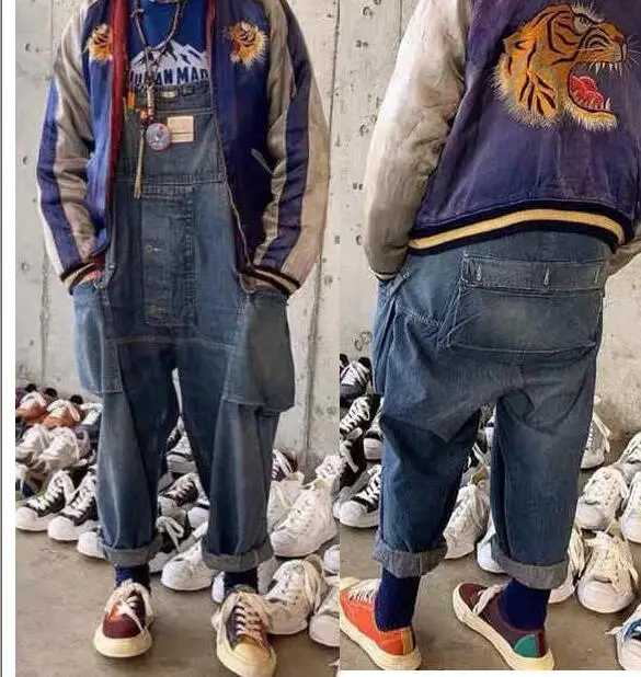Multi-Pocket Bib Jeans Men's Washed Denim Overalls School Worker Suspenders Workers' Jumpsuit Denim Pants Asia Size