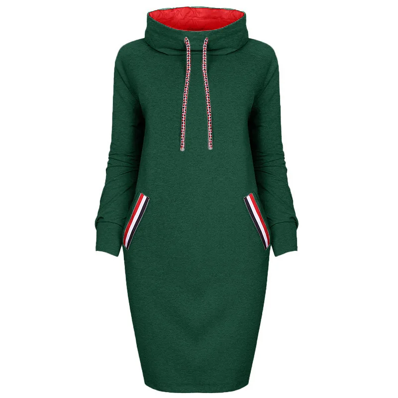 green dress Fionto женское осенне-зимнее платье миди тонкое повседневное однотонное с длинным рукавом с карманом худи с капюшоном платья S-3XL облегающее теплое платье - Цвет: green dress