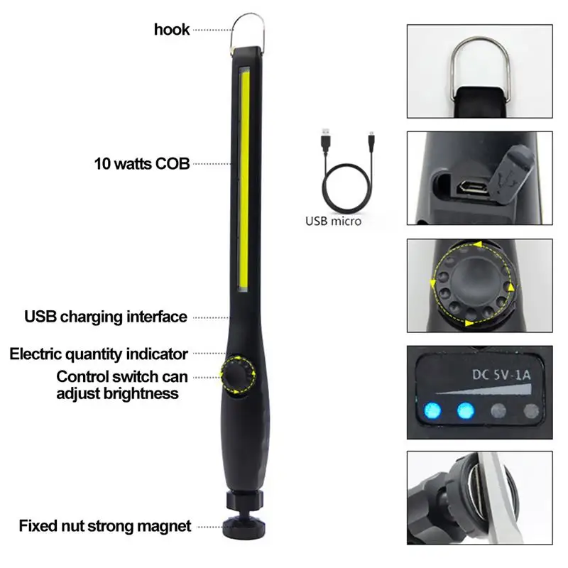 

LED Work Light USB Rechargeable COB Light Portable Magnetic Cordless 360° Rotatable Dimmable Inspection Light For Car Repair