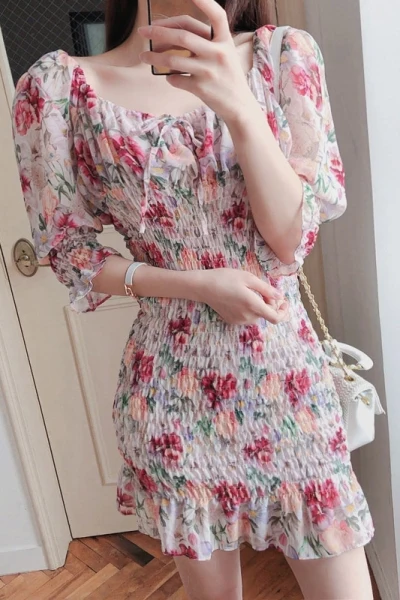 

New Arrival Women Flower printing Chiffon Dress Casual Sweet Half Sleeve square collar Draped 2020 Summer Sheath Mini Dress