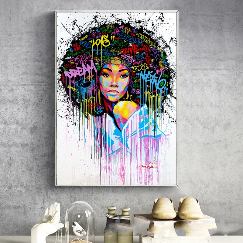 

Modern Graffiti Art Canvas Paintings Abstract African Girl Posters and Print Canvas Black Woman Cuadros Wall Pictures Home Decor