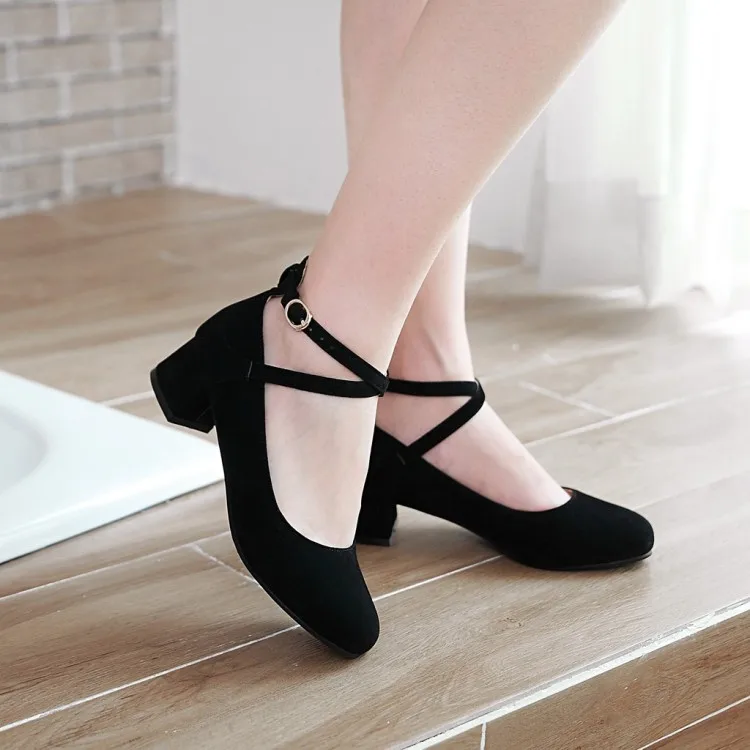 Oversized 11 12 ladies high heels women shoes woman pumps Single-shoe women's shallow round-headed cross-buckle suede | Обувь