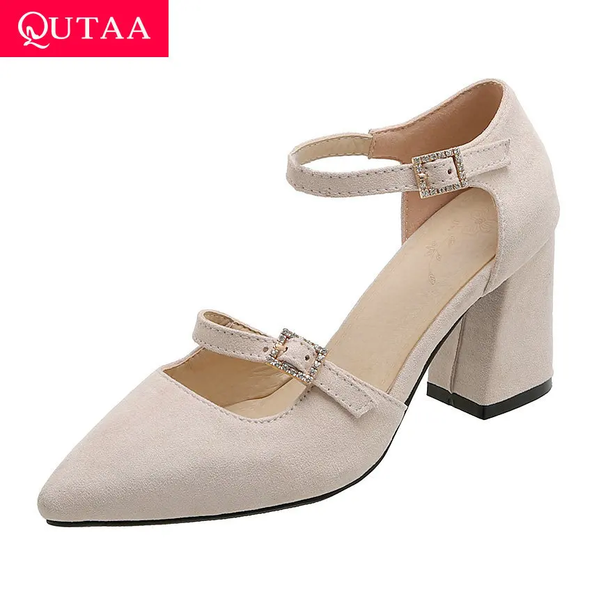 QUTAA/модные летние женские туфли лодочки с кристаллами и пряжкой из флока острым