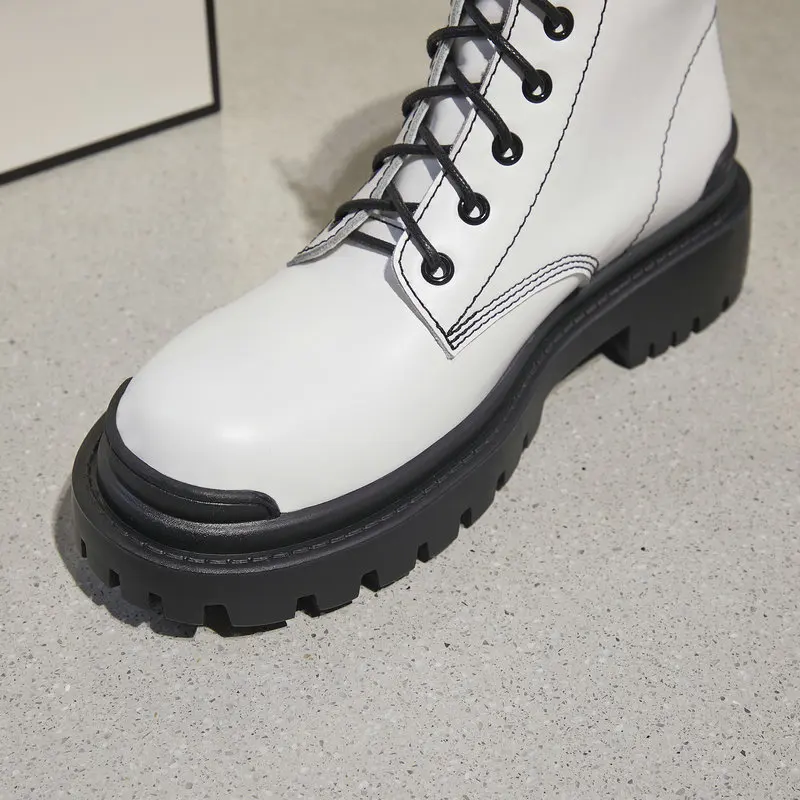 

Genuine Leather Thick Heels Women Winter Boots Leather Round Toe Women Pumps lace up Office Lady Shoes Woman