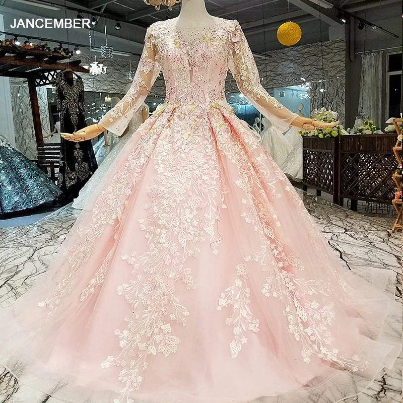 LS66551 розовое Дешевое вечернее платье с длинными рукавами из тюля круглым вырезом