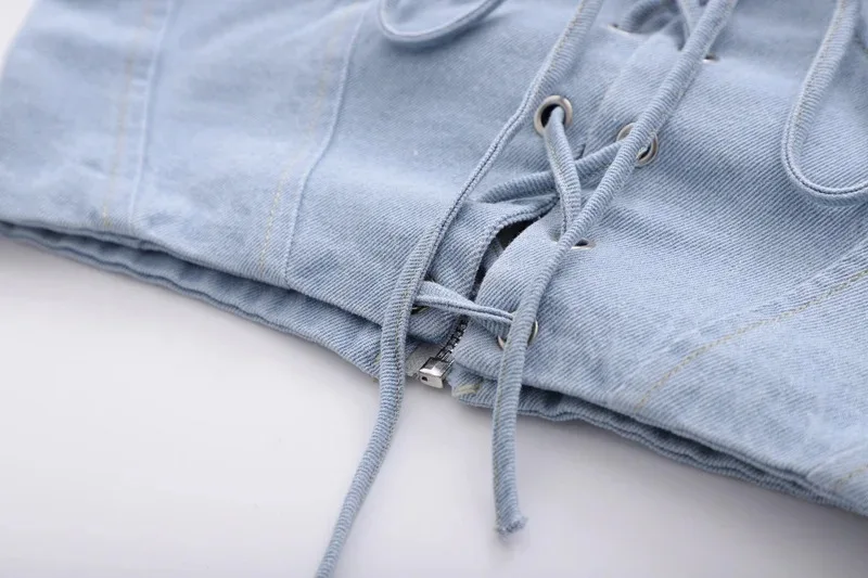 

Tie Up Crop Top Denim Jeans Slim Chest Strap Off-the-shoulder Double Denim Retro Camisole Top Short Sleeve Sexy Fake Bra Top