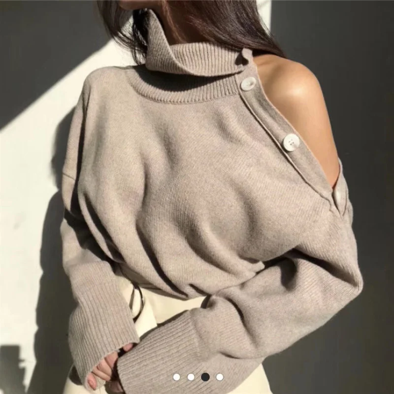 

Новинка, весенние элегантные женские свитера JCHB, пикантная водолазка без бретелек, свободные вязаные пуловеры, женские повседневные одното...