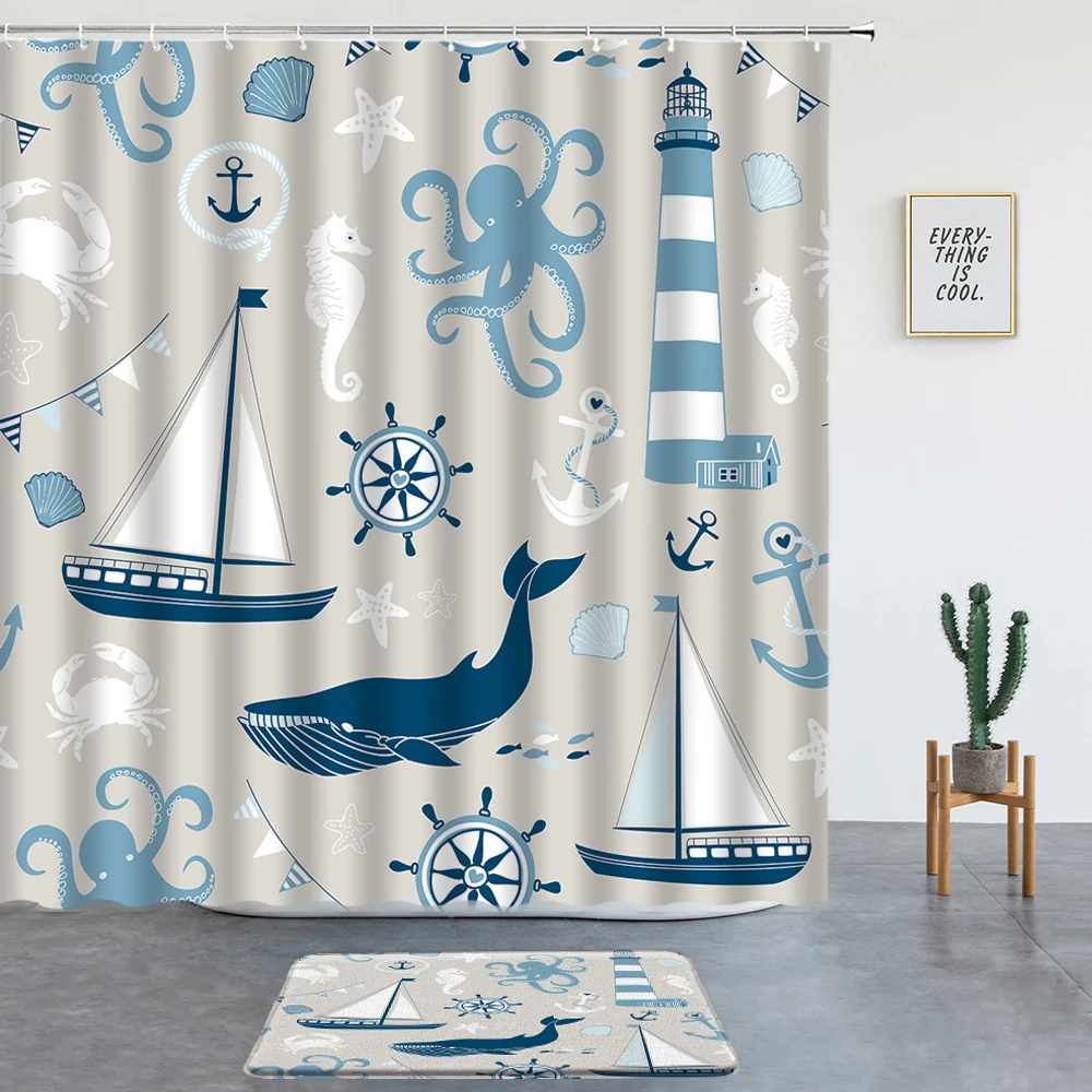 

2 Pc Nautical Sailboat Shower Curtains Set Cartoon Lighthouse Compass Anchor Children's Boy Bathroom Decor Non-slip Rug Bath Mat