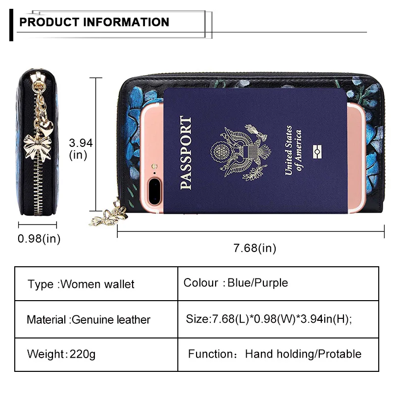 Кошелек из натуральной кожи с вышитым принтом длинный карман на молнии для монет
