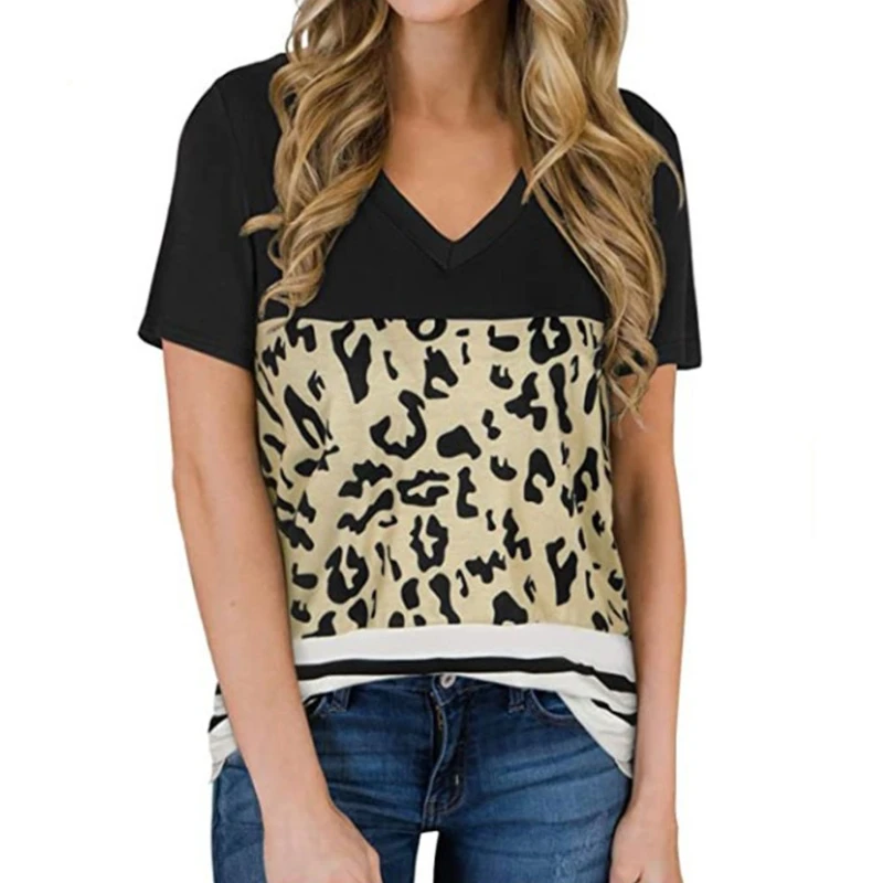 

Women Girls Summer Short Sleeve T-Shirt Leopard Print Stitching Shirts Pullover