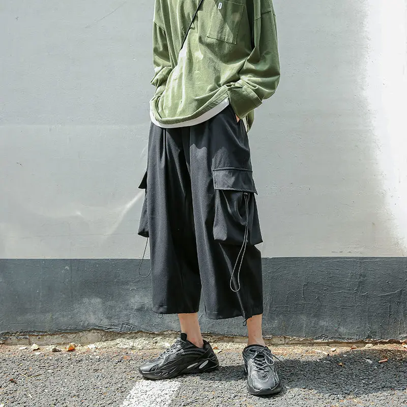 

Summer Wide Leg Pants Men's Fashion Retro Pocket Casual Pants Men Streetwear Loose Hip Hop Straight Calf-Length Pants Mens S-2XL