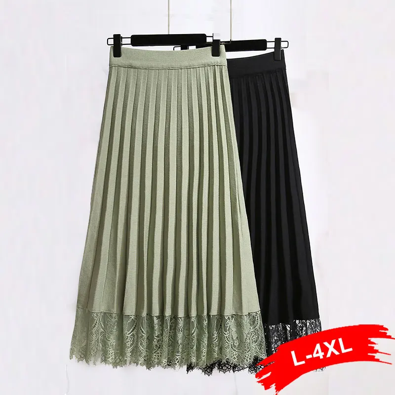 Плиссированные юбки свитера размера плюс с кружевами 4XL Весенняя сексуальная