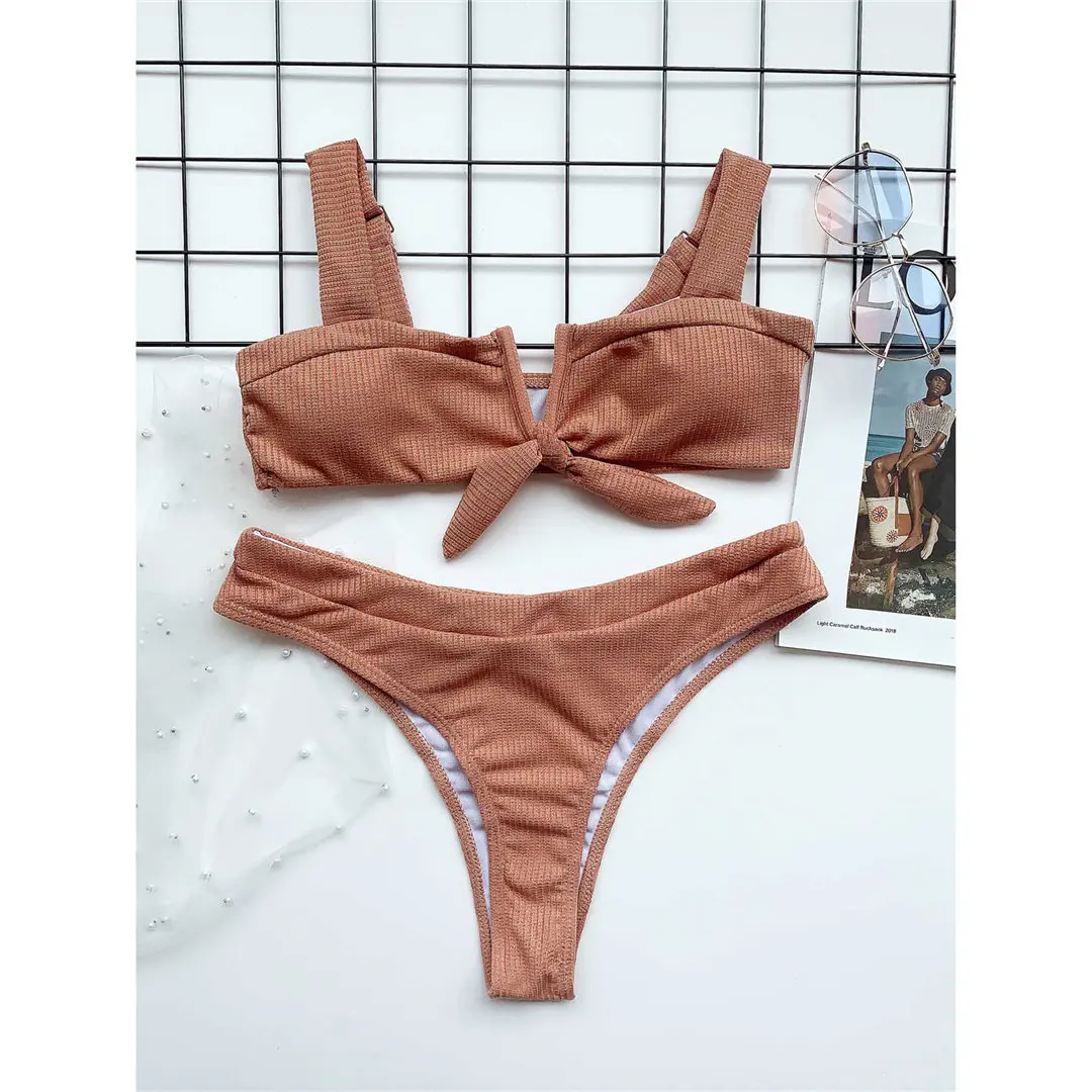 Женский купальник с узлом и V-образным вырезом женский бикини комплект из двух
