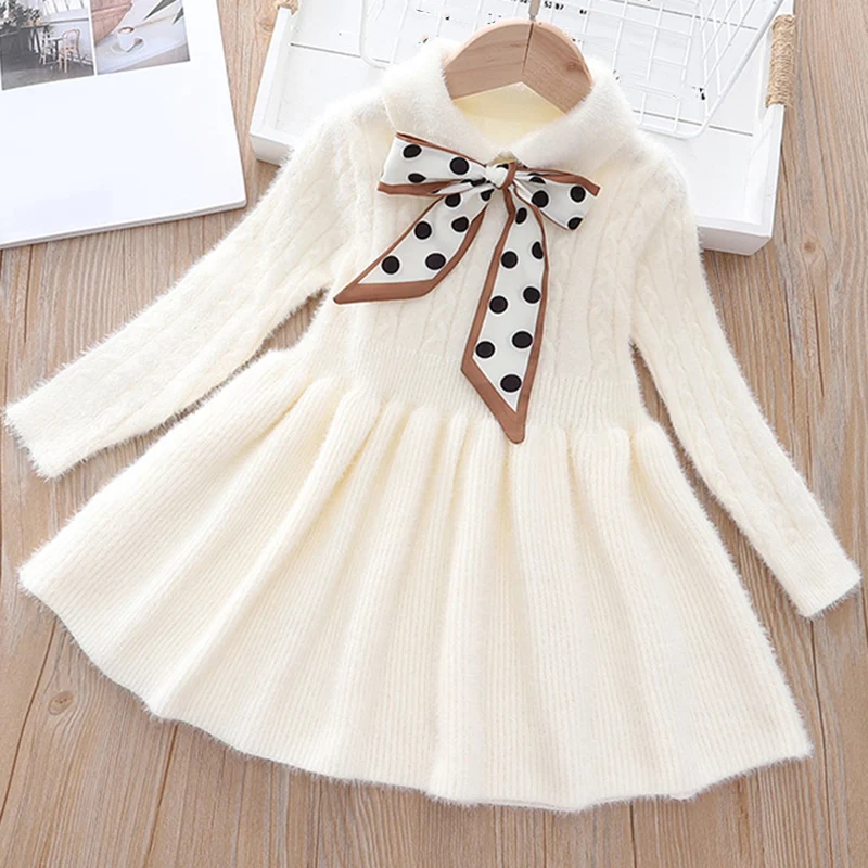 

2021 New Autumn Winter School Style Polka Dot Bowknot Decoration Knitted Sweater Dress Girl Clothes Children's Dresses