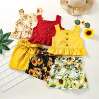 2 pieces kids baby girls clothes summer set sunflower print square neck sleeveless ruffle tops solid color shorts for 1 4 years
