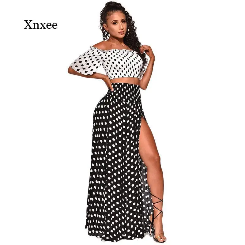 

Slash Neck Off Shoulder Outfits New Polka Dot White Crop Tops High Split Loose Skirt Summer Dress High Waist Beach Clothing