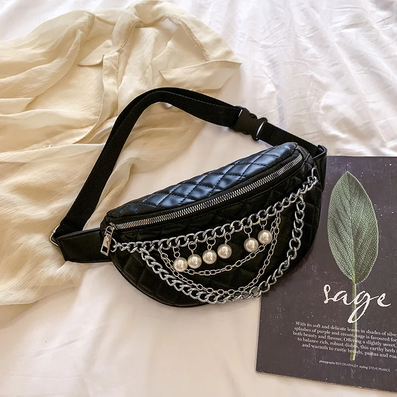 

Beaded Design Bags For Women 2021 Fashion New Chain Pack Banana Waist Bag Brand Belt Bag Women Waist Pack PU Leather Chest Bags