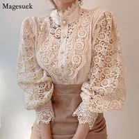 vintage solid white lace blouse shirts women new korean button loose shirt tops female hollow casual ladies blouses blusas 12928