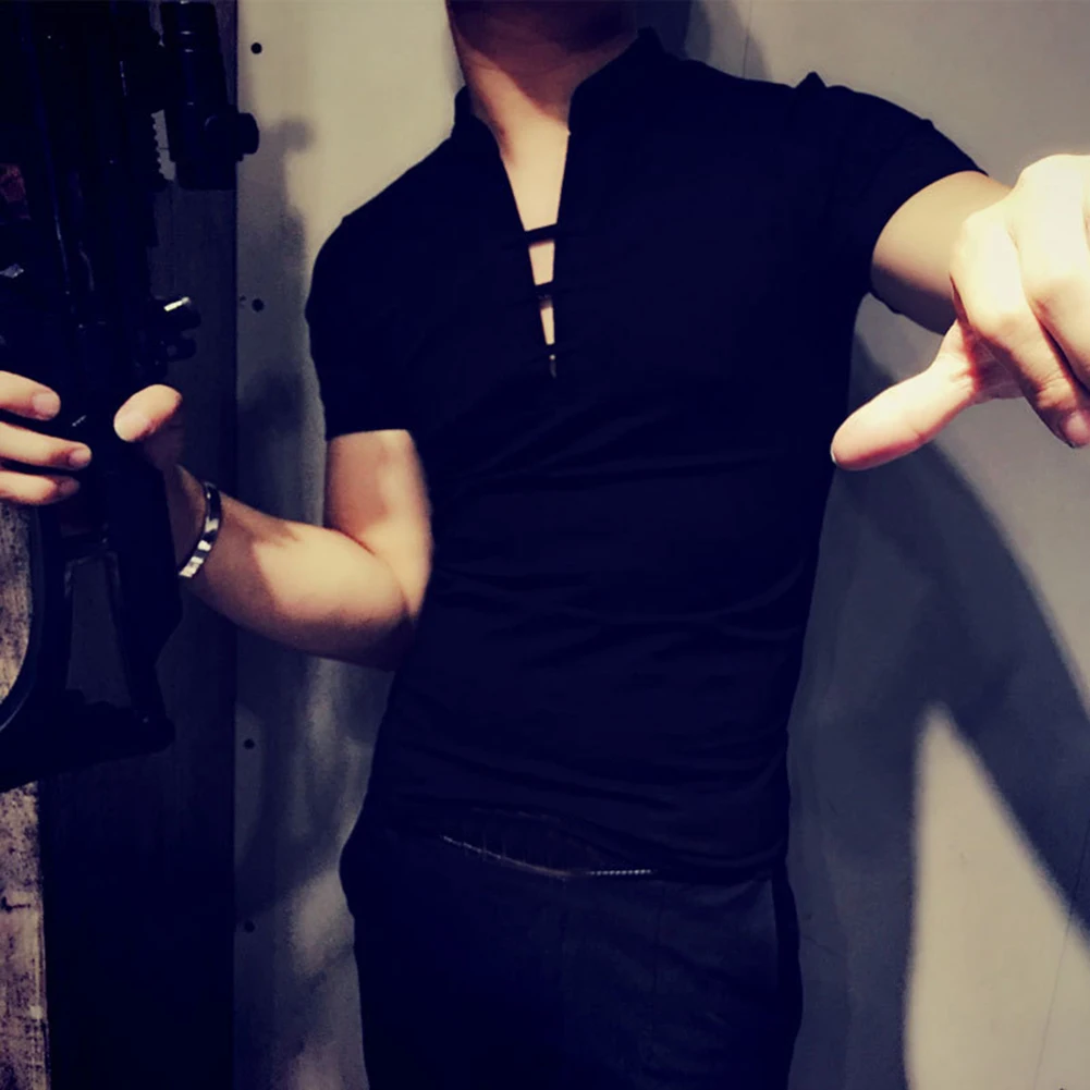 Модная Летняя мужская Однотонная футболка с v-образным вырезом и коротким