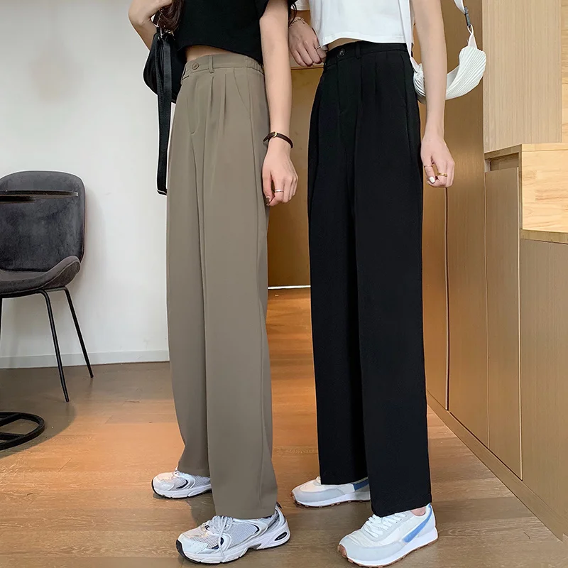 

Straight Pants Women Loose Solid Korean Style High Waist Thin Fashion Streetwear Simple Wide Leg Office Ladies Fit All-match