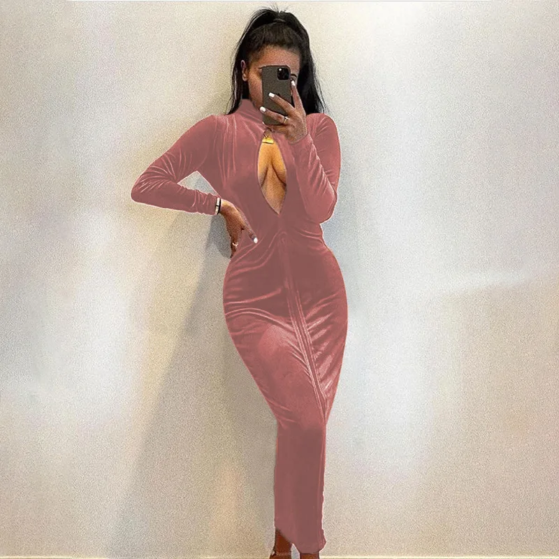 

European and America Sexy Velvet Cutout Zipper Split Long Sleeve Bodycon Dress 2021 Fall Winter Outfits Women Party Clubwear
