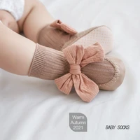1pair new baby leather soled floor shoes newborn kids sock bowknot middle tube toddler princess socks shoes