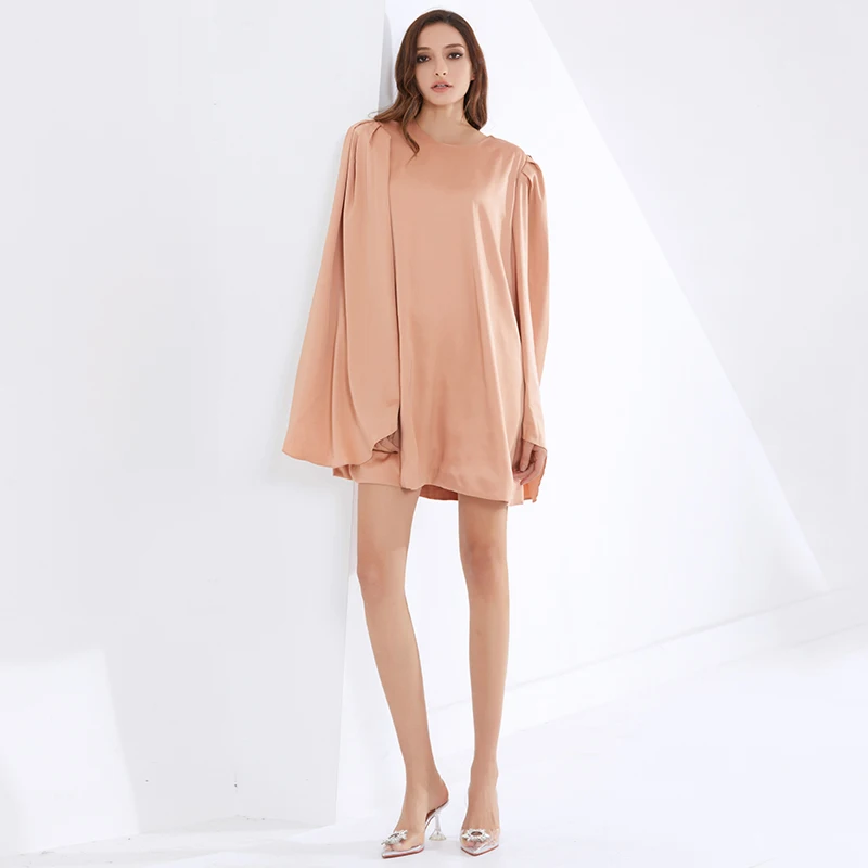 

TWOTWINSTYLE Loose Solid Dress For Women O Neck Batwing Sleeve Casual Minimalist Dresses Female Fashion New Clothing Summer Tide