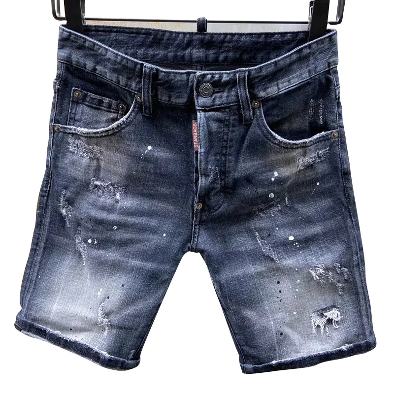

Starbags dsq four season shorts jeans men's strong water wash hole paint dot hip casual fit elastic model fashion men's pants