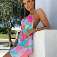dresses woman summer 2021 short sexy tight beach strappy backless dress polyester o neck camisole halter fashion print sundress