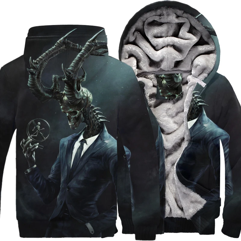 

2021Hoody Men skull Print Hoodie Winter Thick Fleece Hooded Zipper Hoodie Coat Sportwear Streetwear Support DIY Print plus size