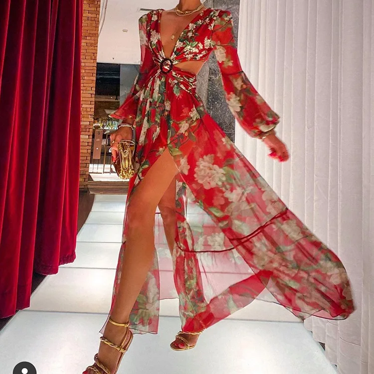 

Chiffon Floral Dress Women Summer 2021 Split Sexy Long Dresses