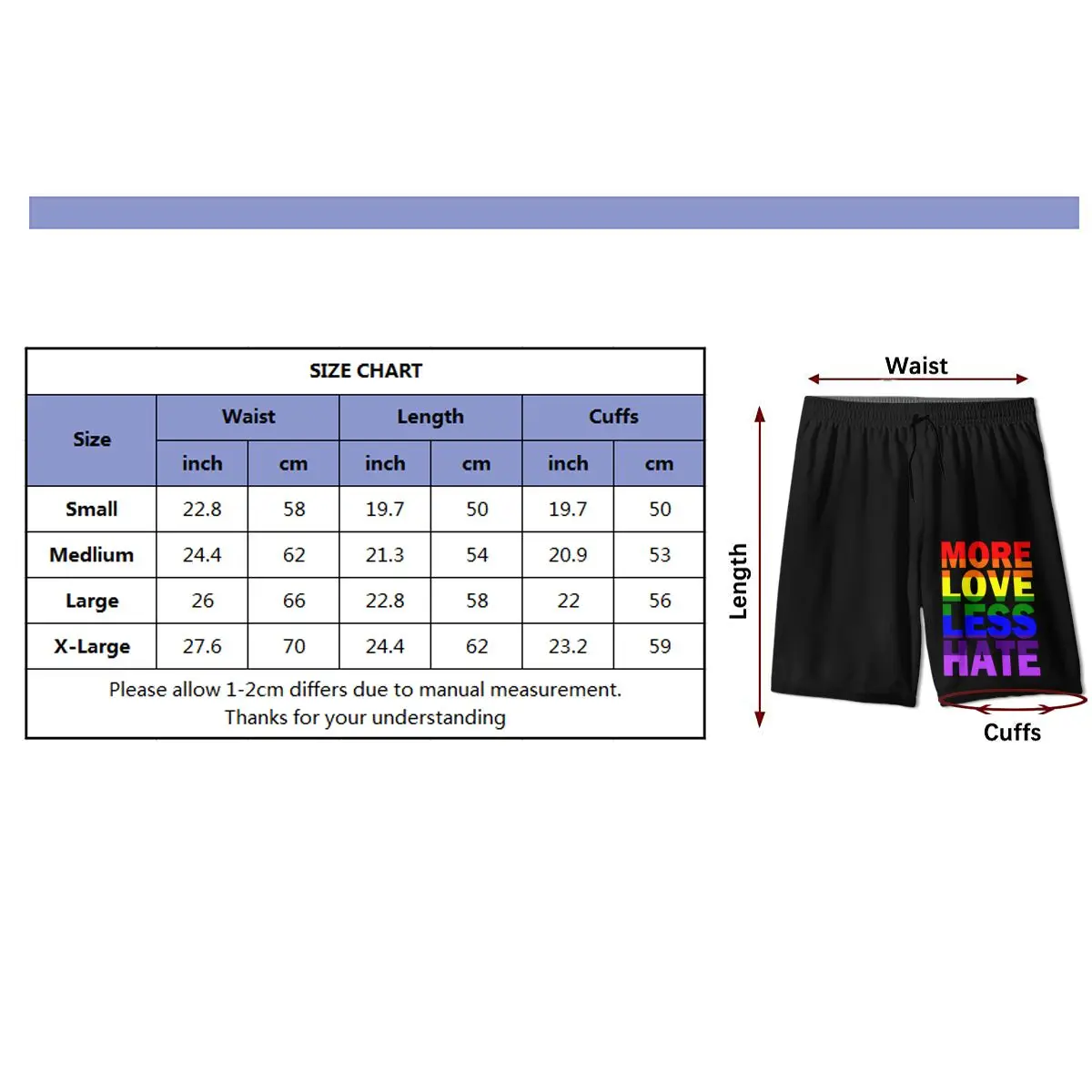 

More Love Less Hate Gay Pride Sports Shorts Teen Summer Skinny Casual Beach Short Pants Jogger Fitness Sweatpants