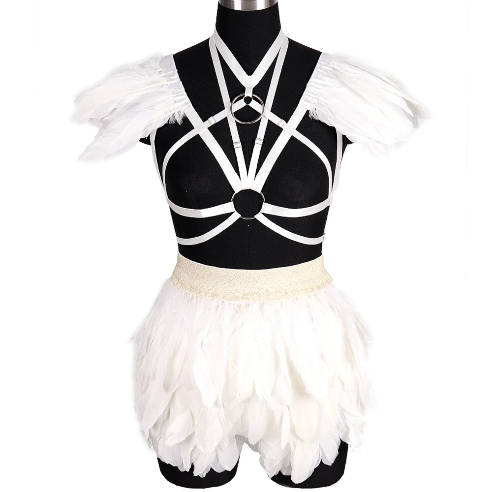 

Goth Dress Dance Rave Wear Body Harness Bra Feather Stockings Straps Sexy Lingerie Hollow Out Erotic Gothic Clothes Bondage
