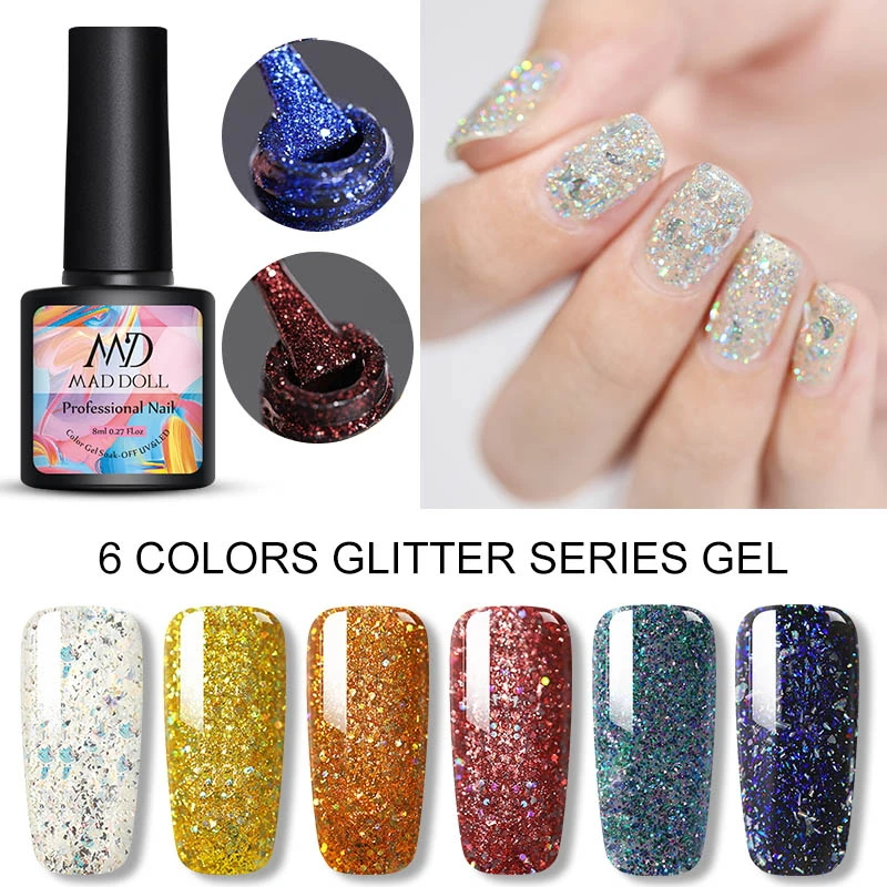 Блестящий УФ гель MAD DOLL 8 мл лак для ногтей с блестками новогодняя серия