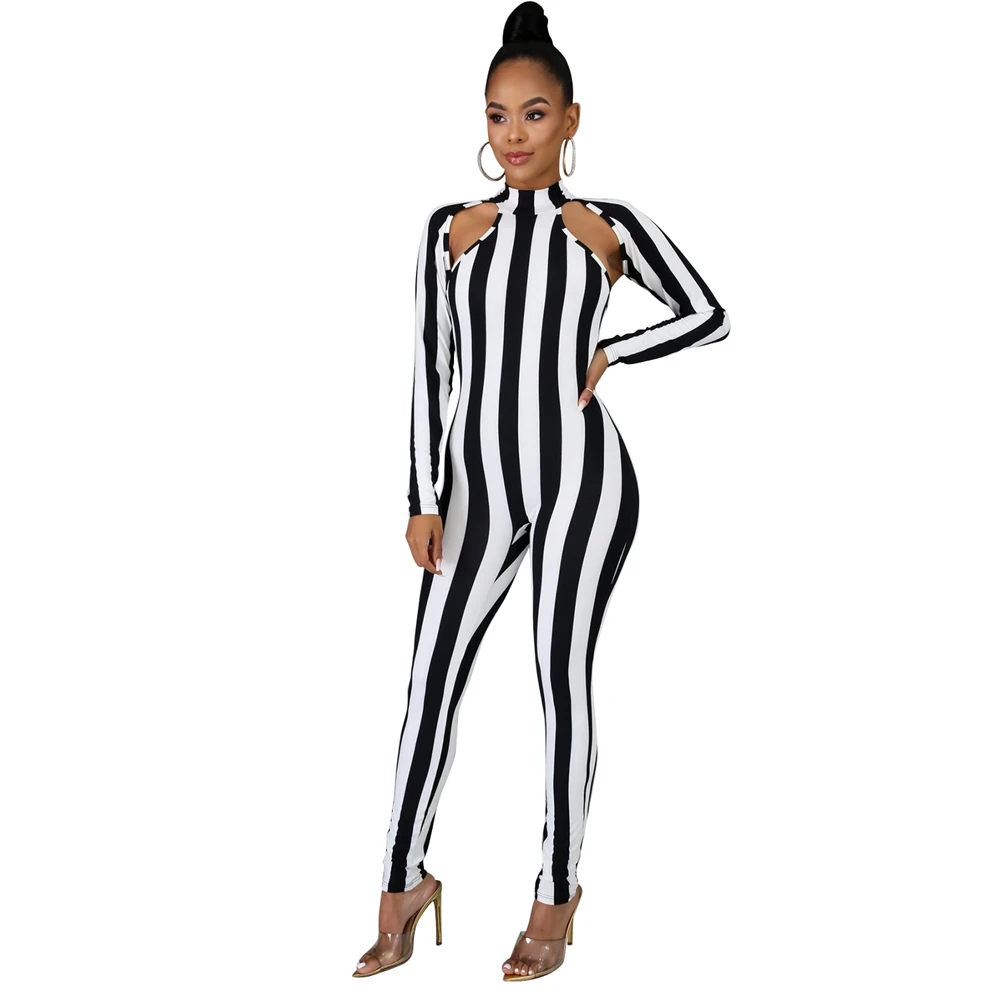 

OMILKA Striped Printed Jumpsuit 2020 Summer Women Long Sleeve Stand Neck Hollow Out Bodycon Sexy Club Party Sporty Overalls