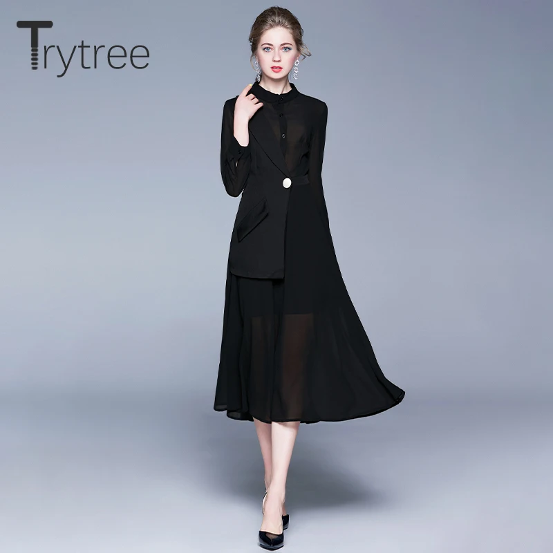 Trytree 2020 весеннее женское платье повседневное лоскутное с воротником-стойкой и