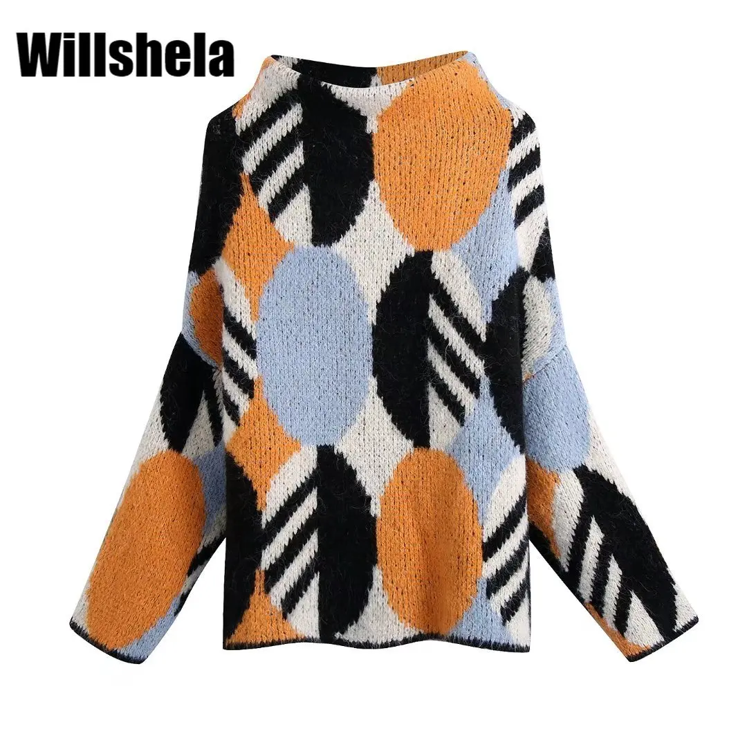 

Willshela женский модный жаккардовый вязаный свитер с высоким вырезом и длинными рукавами, шикарный Женский Повседневный вязаный пуловер, Топ